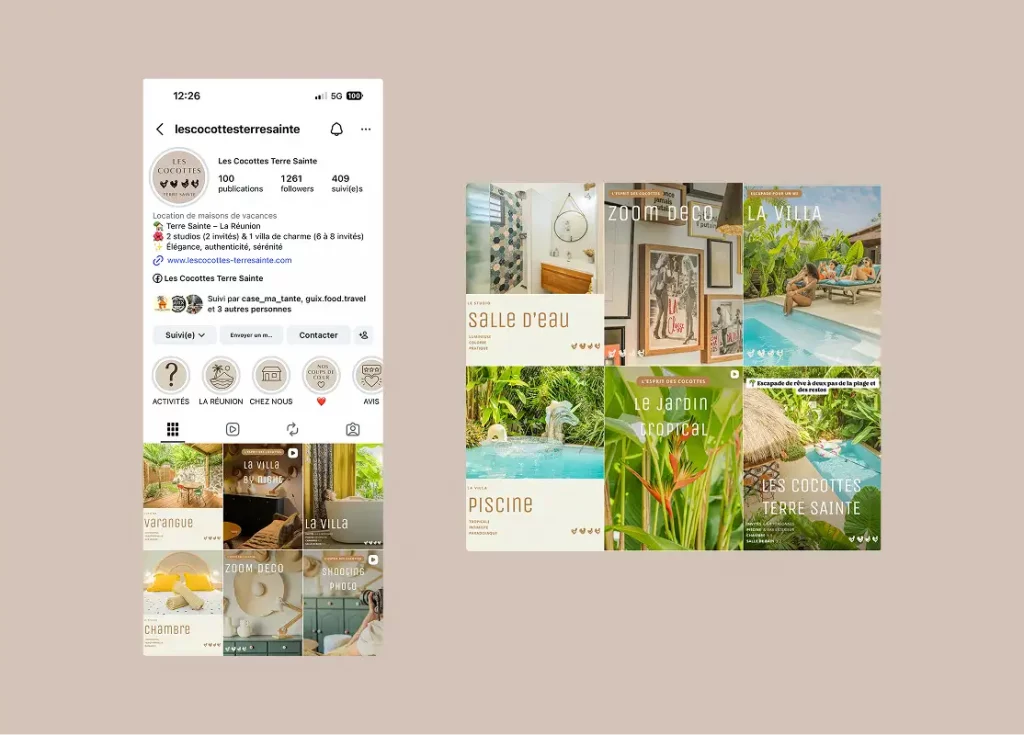 Visuels réseaux sociaux pour un airbnb a la reunion. Abonnement design graphique et communication a la Réunion